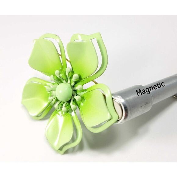 Vintage Light Green Flower Brooch, Enamel On Metal, 1960s, 2 3/8 Inches - Picture 4 of 10